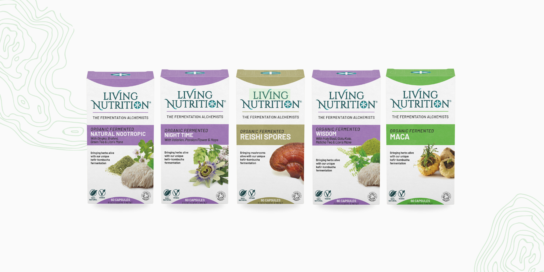 Living Nutrition etusivun banneri viisi erilaista tuotetta vaakatasossa vierekkäin.