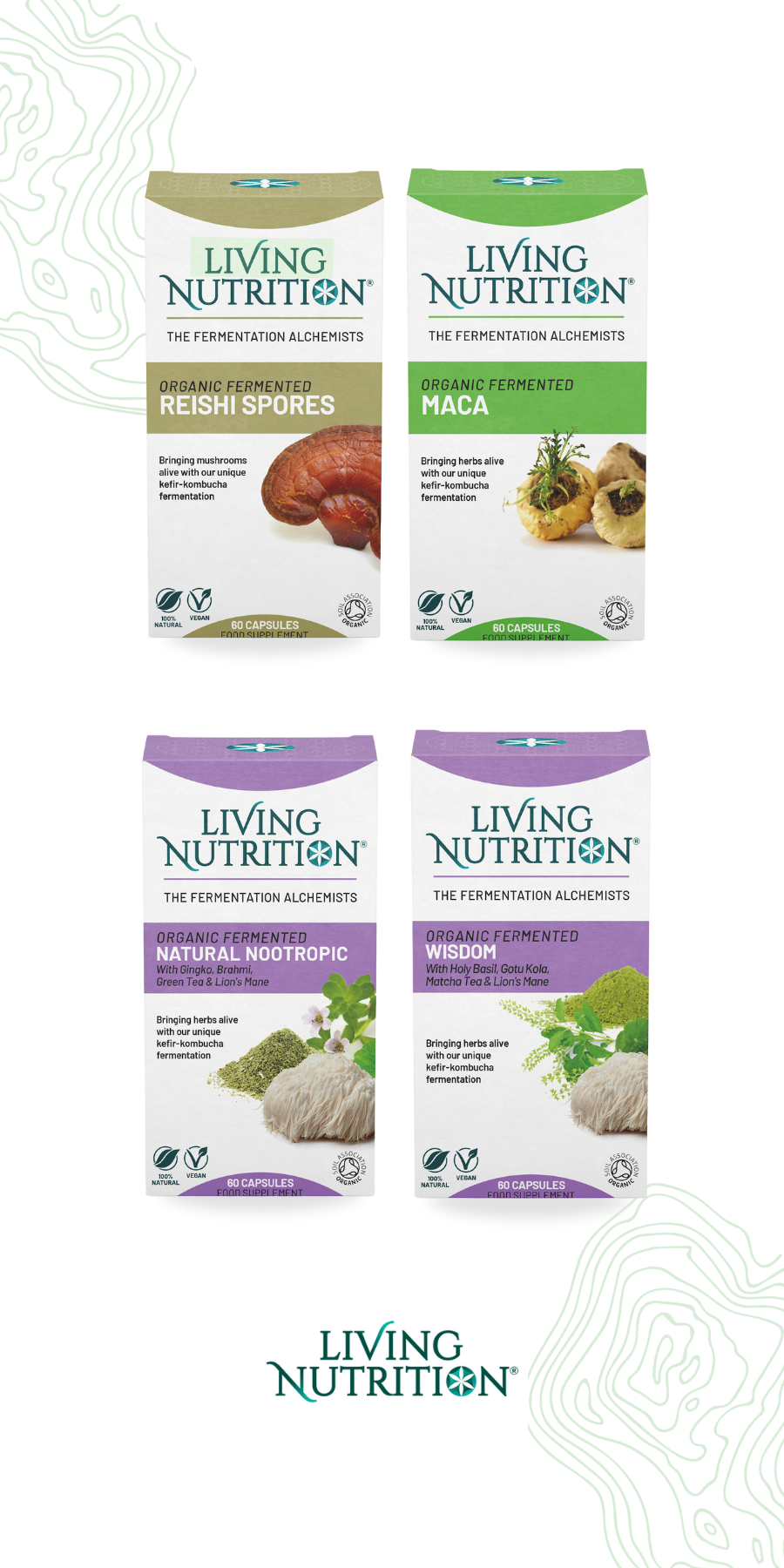 Living Nutrition mobiilibanneri neljä eri tuotetta esittelyssä.