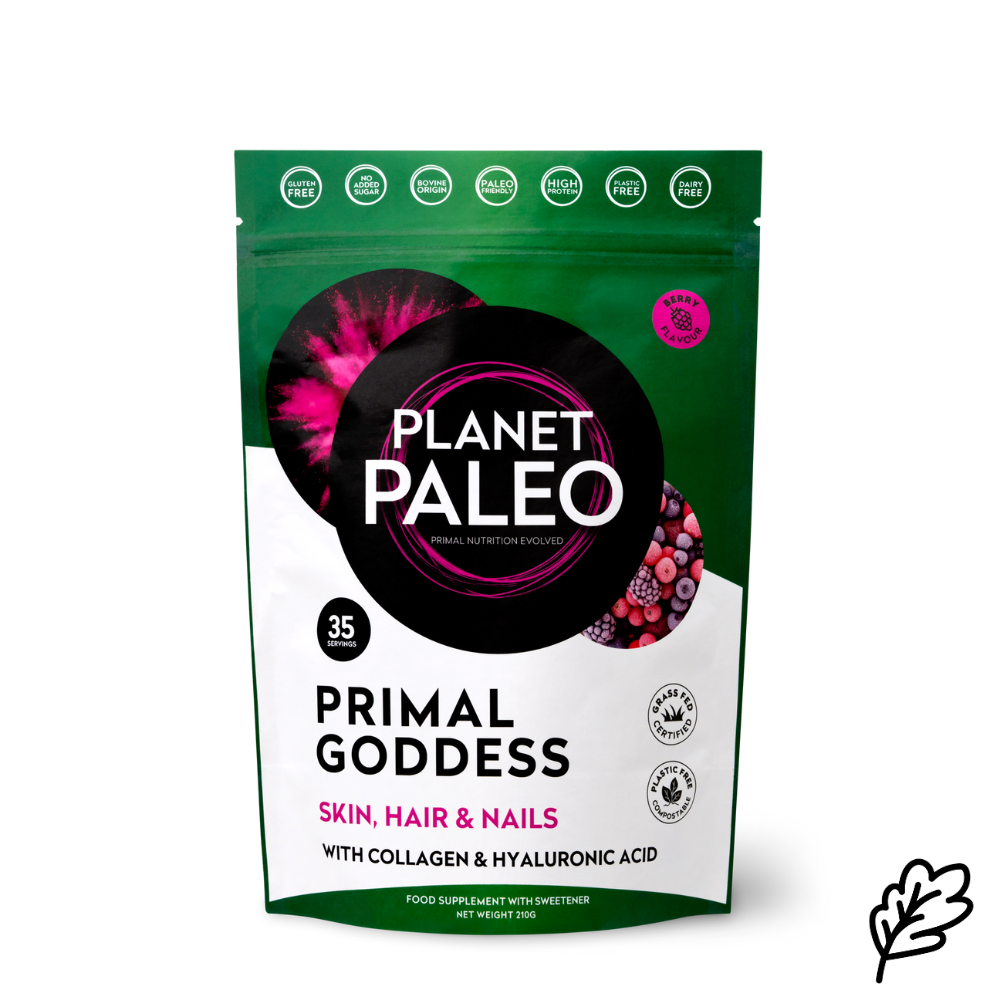 Planet Paleo Primal goddess skin, hair and nails with collagen and hyaluronic acid, marjan makuinen kollageenijauhepussi, pussin kuva.