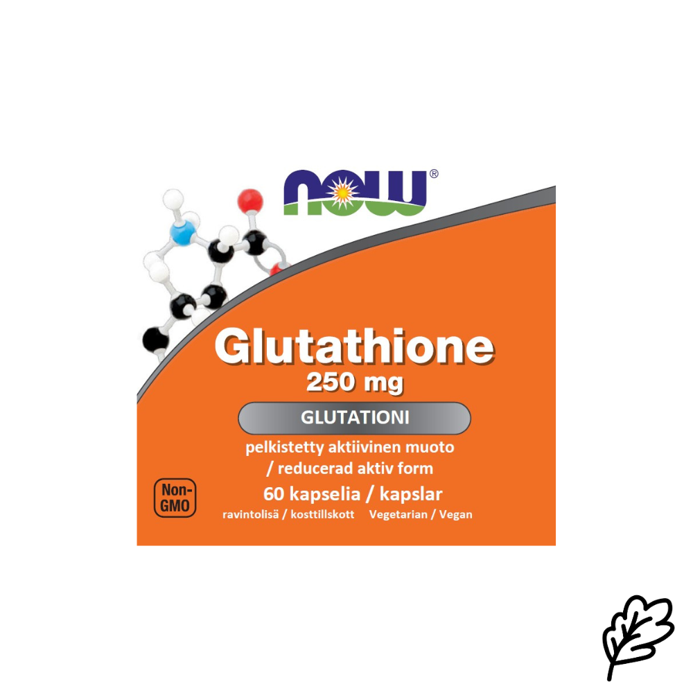 NOW Foods Glutathione glutationi pelkistetty aktiivinen muoto, 250 mg, 60 kapselia ravintolisäpurkki. Non-GMO.