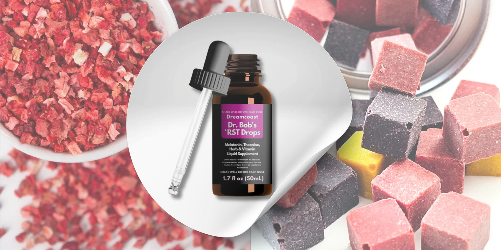 Dreamcoastin Dr. Bob's Stress reset drops melatoniinitipat avoin lasipullo ja taustalla Dreamcoastin pakastekuivatut mansikat ja Berry Bites kuvat.