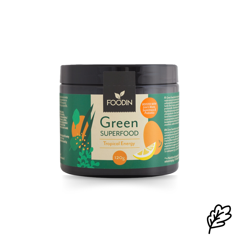 Foodin Green Superfood Tropical Energy viherjauhe, jota on buustattu Lion's manella, Supermacalla ja probiooteilla. Pyöreä 120 gramman pakkaus.