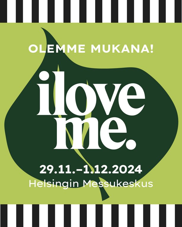 Greenstreet terveyskauppa verkkokauppa on mukana Helsingin Messukeskuksen I love me messuilla 29.11.-1.12.2024 mainoskuva jossa vihreä lehti taustalla ja mustavalkoraidalliset ylä- ja alareunat.