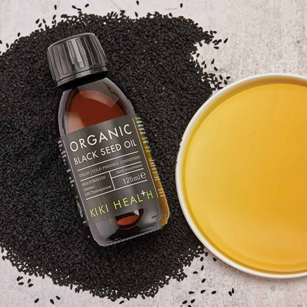 Kiki Healthin Black seed oil eli mustakuminaöljy ruskeassa 125 ml lasipullossa, kuvituskuva.