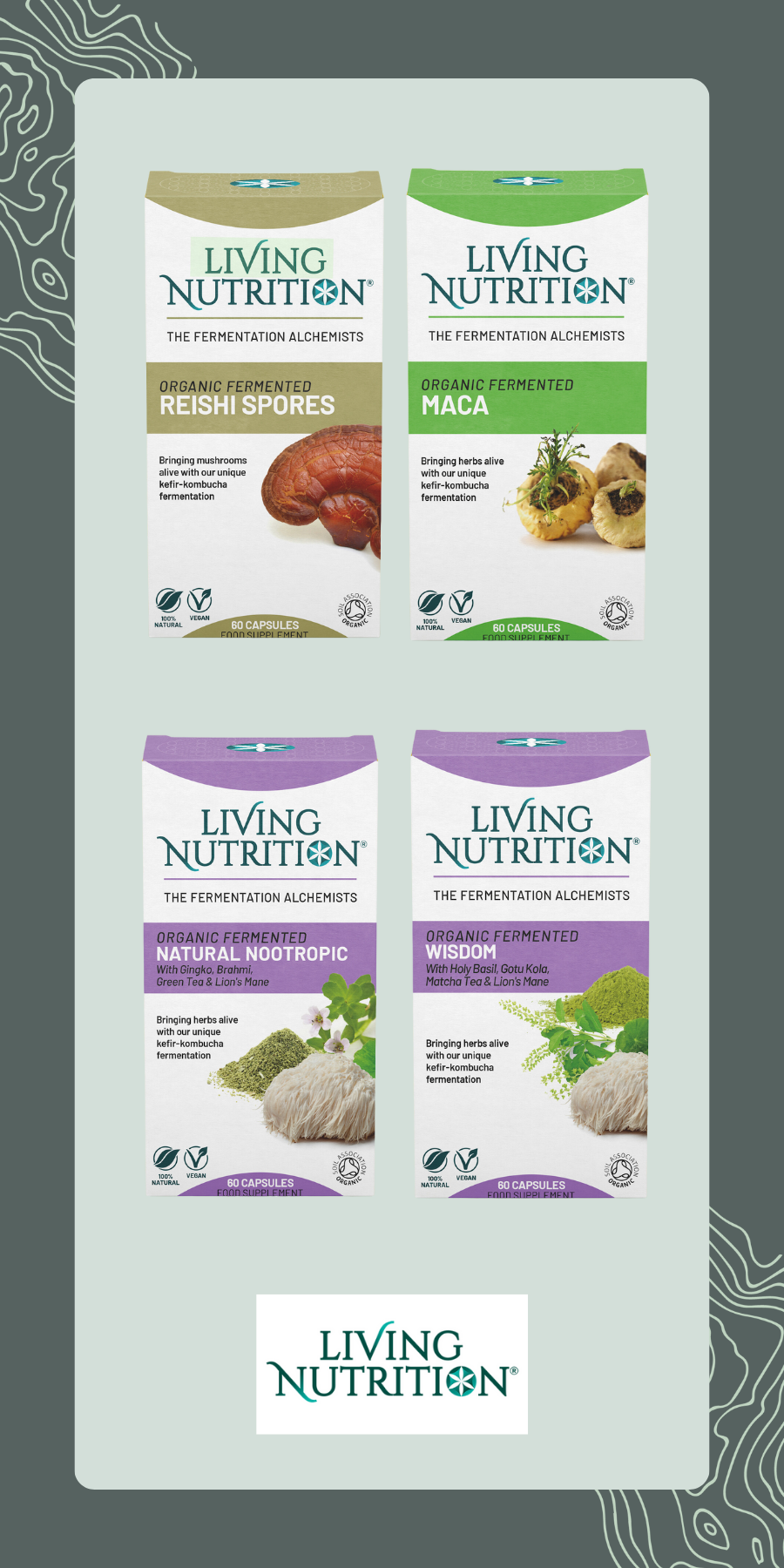 Living Nutrition Nootropic-, Reishi spores-, Wisdom- ja Maca lisäravinteet.