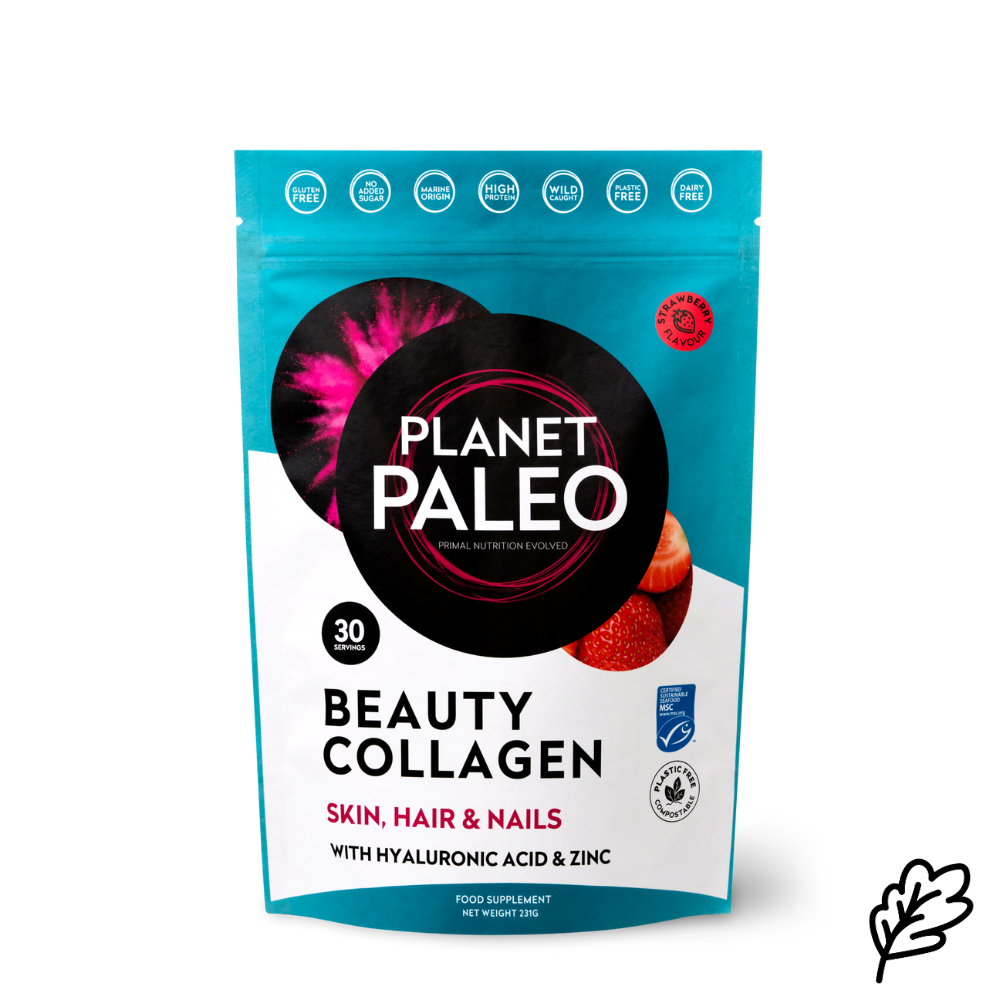 Planet Paleo Beauty Collagen Skin, hair and nails with hyaluronic acid and zinc mansikanmakuinen, pussin kuva.