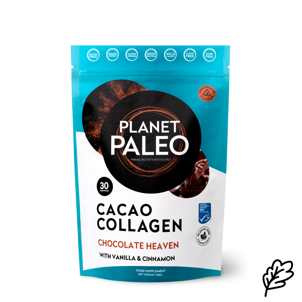 Planet Paleo Cacao collagen chocolate heaven with vanilla and cinnamon, suklaanmakuinen kollageeni ravintolisä, pussin kuva.