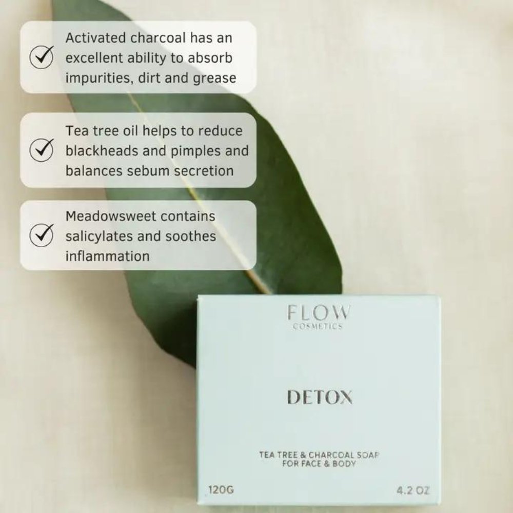 Flow Cosmetics Flow Cosmetics Detox Teepuu - ja aktiivihiilisaippua, 120 g.