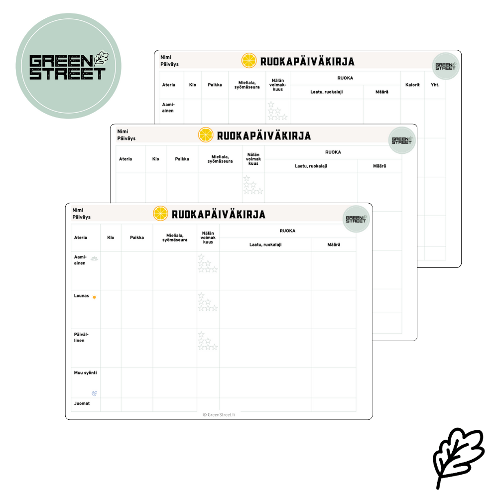 Greenstreet.fi Ruokapäiväkirja - tulostettava kolmisivuinen PDF.